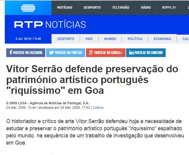 Vtor Serro defende preservao do patrimnio artstico portugus "riqussimo" em Goa