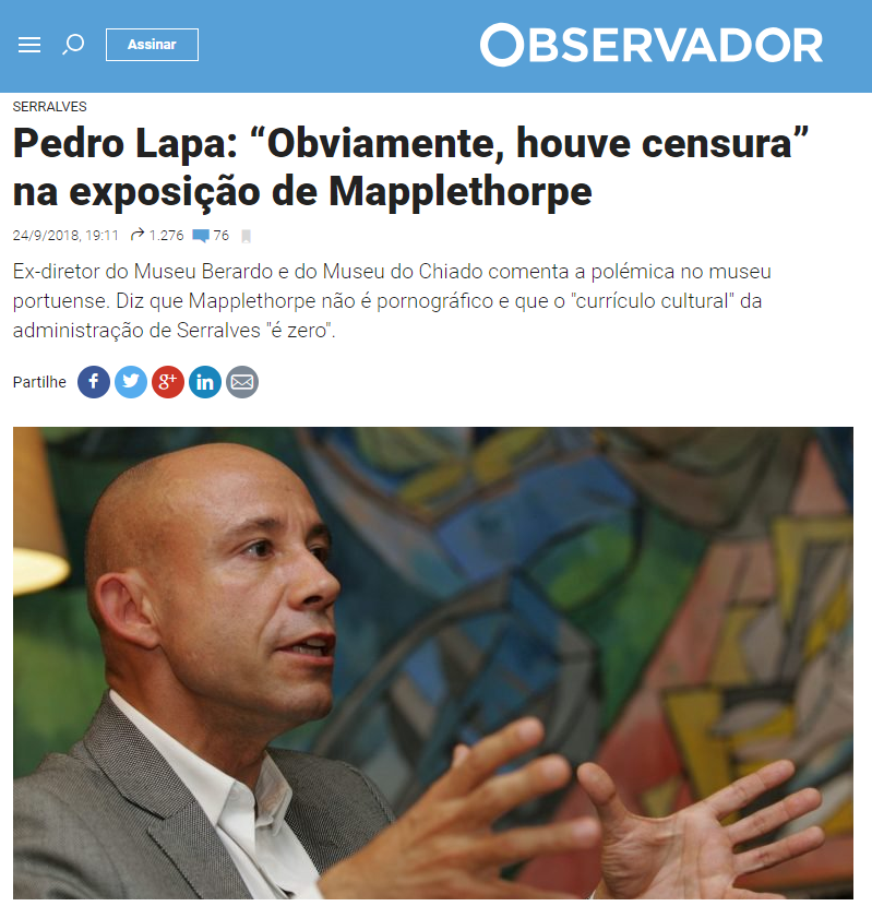 Pedro Lapa: "Obviamente, houve censura" na exposio de Mapplethorpe